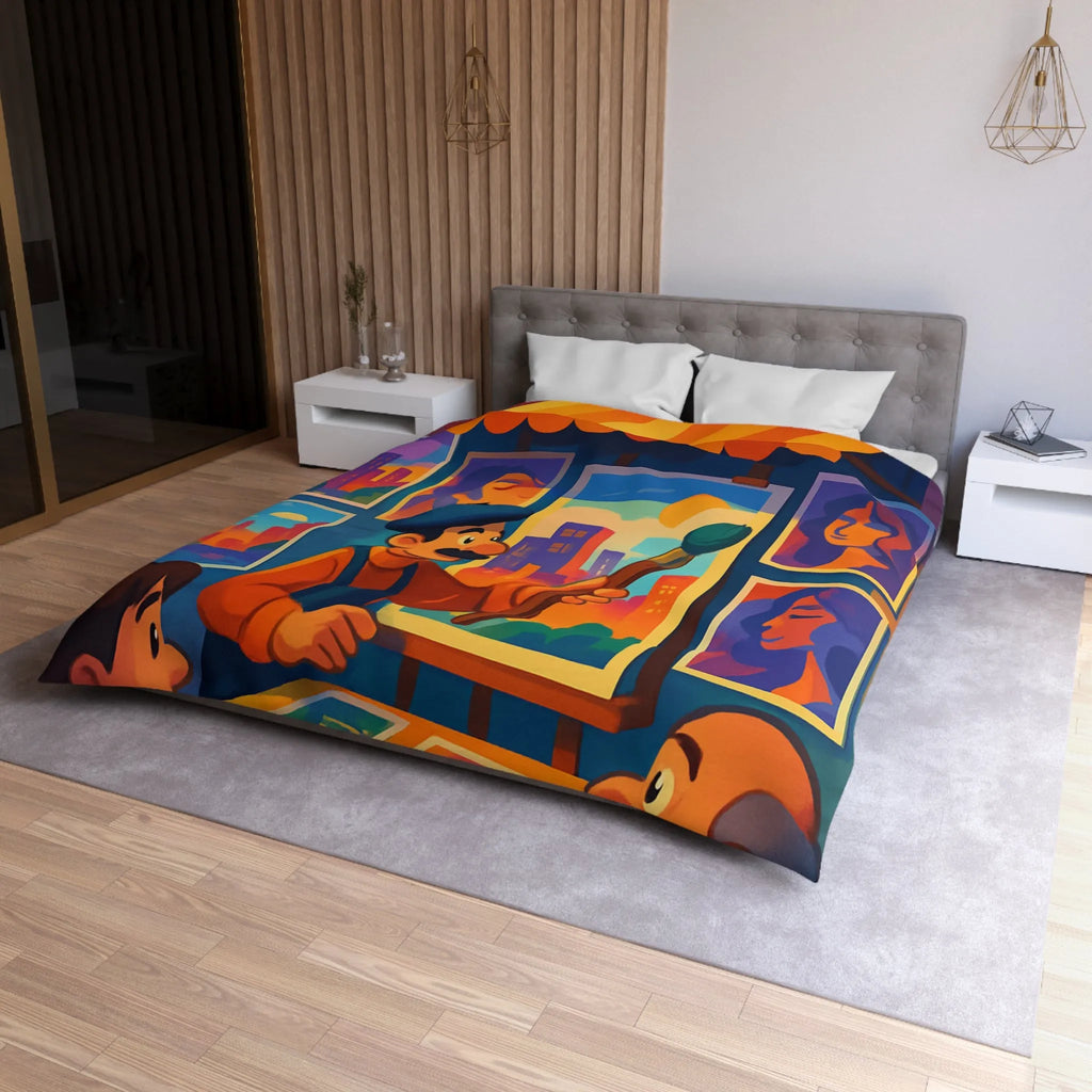 Housse de couette artistique avec scènes de rue vibrantes et peintures colorées