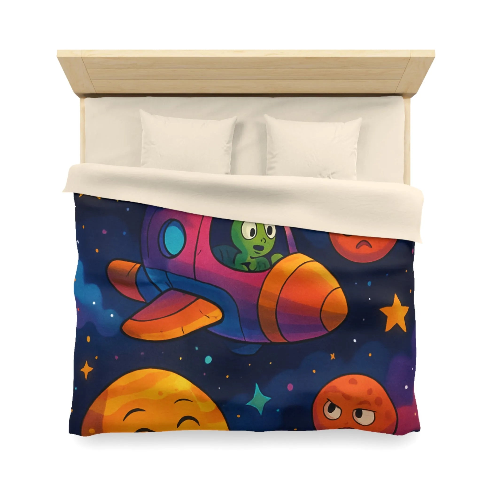 Housse de couette enfant cosmos coloré avec planètes amusantes et fusée extraterrestre
