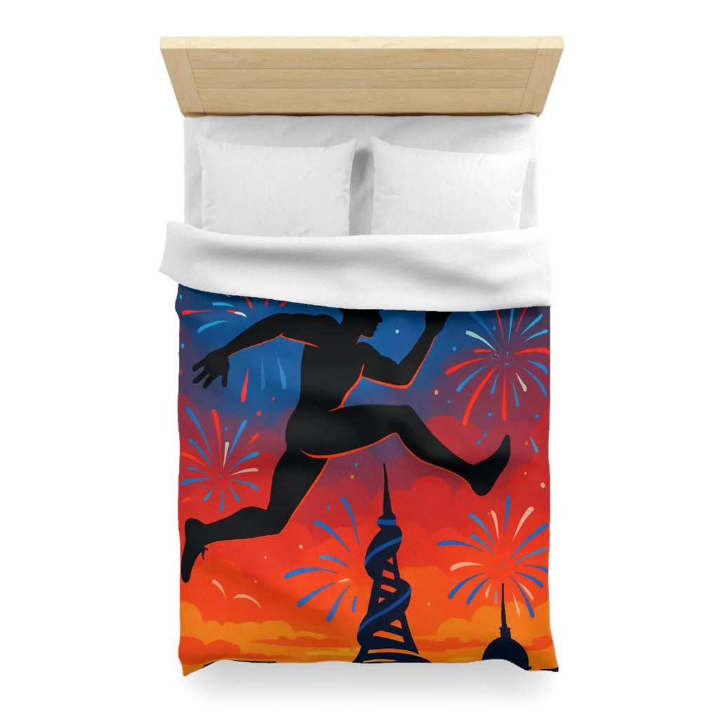 Housse de couette avec silhouette sportive et feux d'artifice, ambiance nocturne colorée