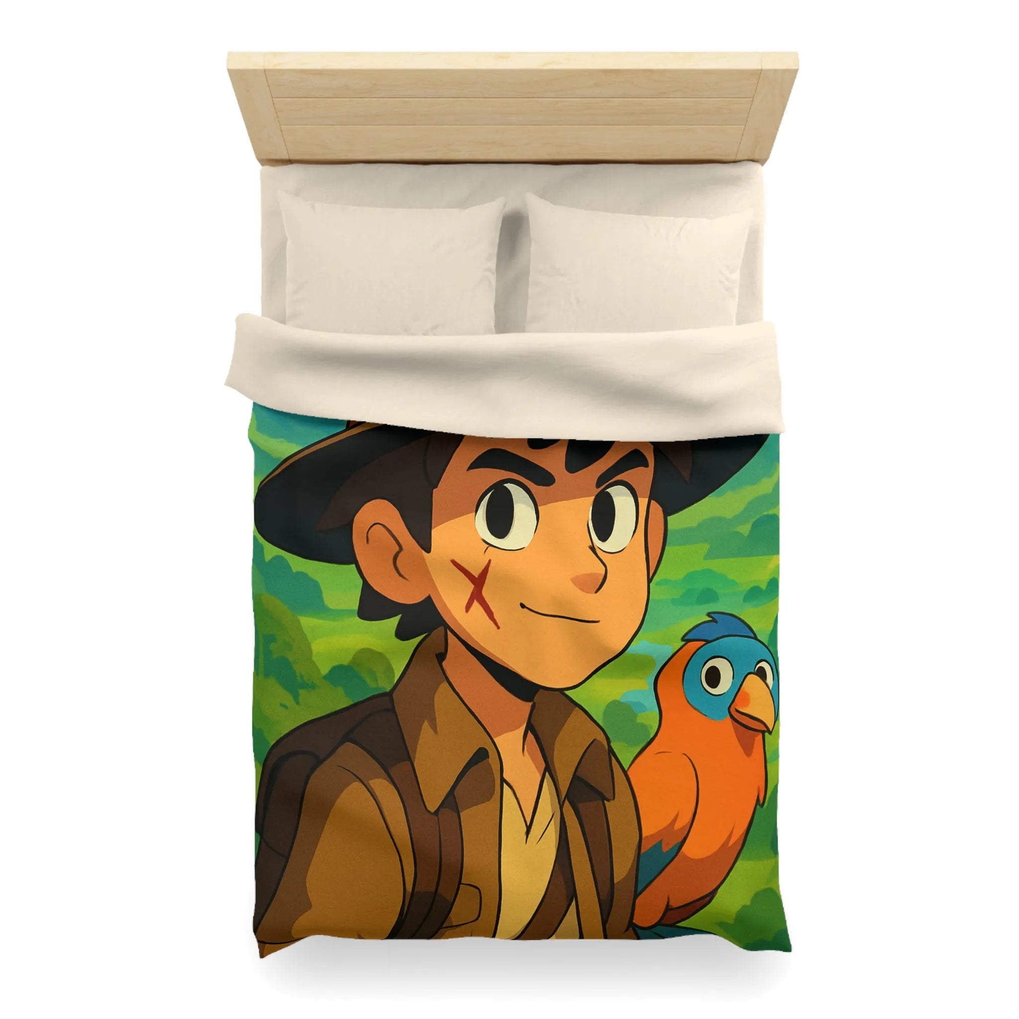 Housse de Couette Enfant Aventure Jungle avec Explorateur et Perroquet Coloré