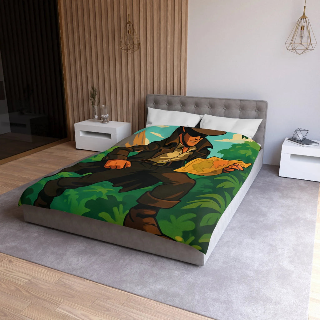 Housse de couette d'explorateur aventureux dans jungle luxuriante avec carte mystique colorée