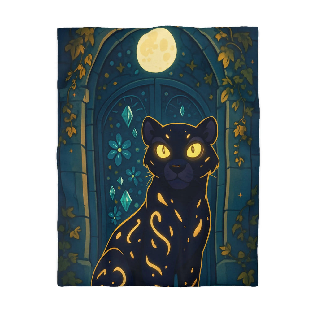 Housse de couette féline enchantée avec portail lunaire et arabesques dorées en forêt