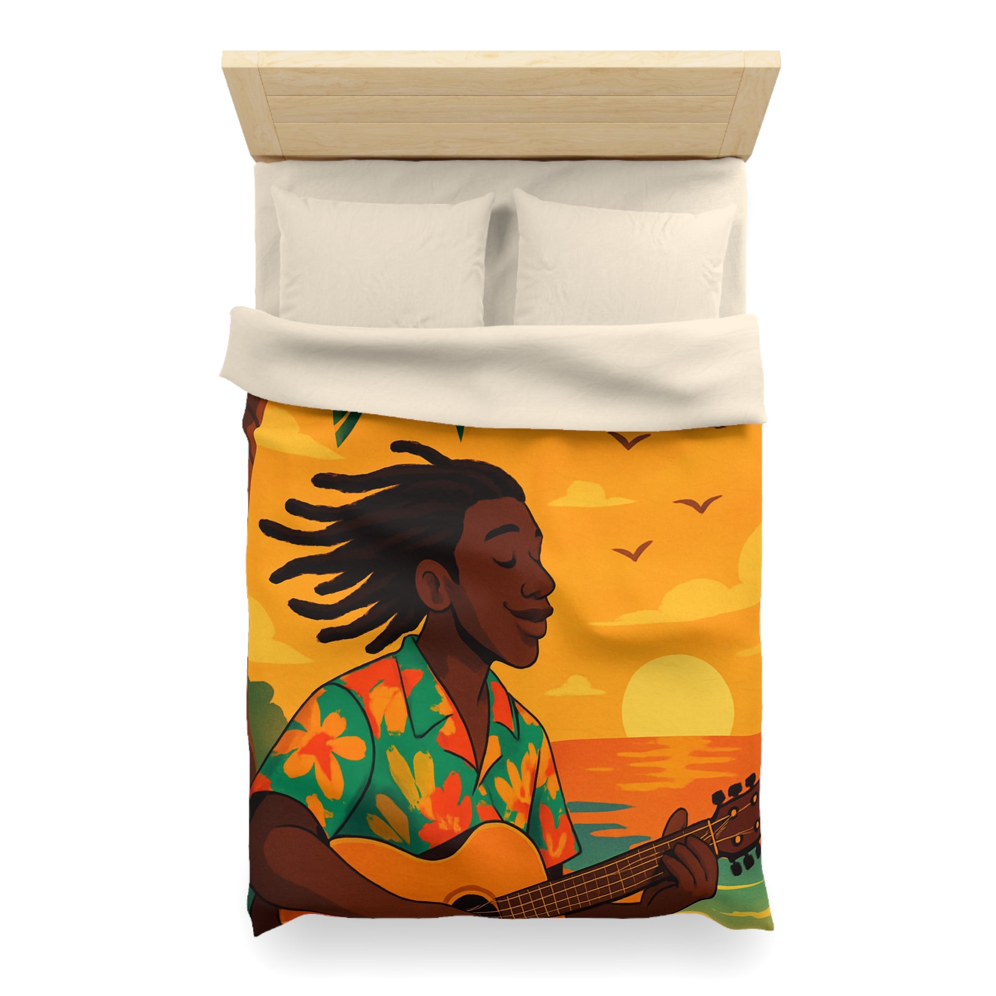 Housse de couette tropicale avec musique, coucher de soleil et palmiers exotiques pour chambre