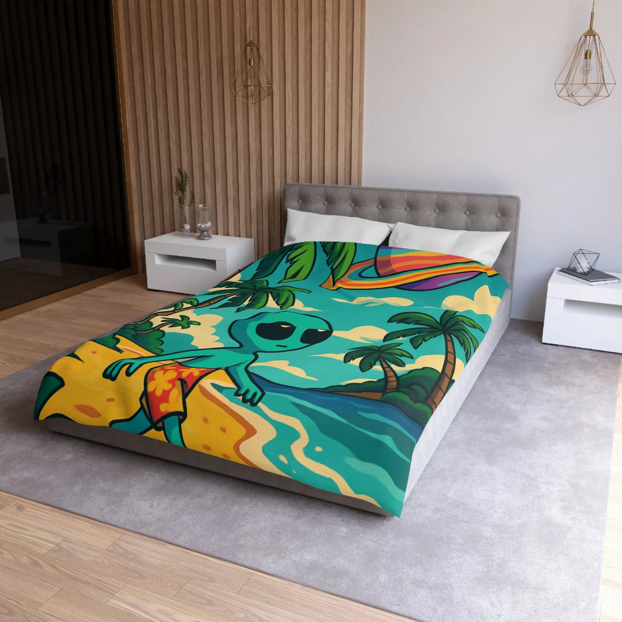 Housse de Couette Enfant Alien Plage Tropicale Planète Saturée Rêveur Ciel Imagination