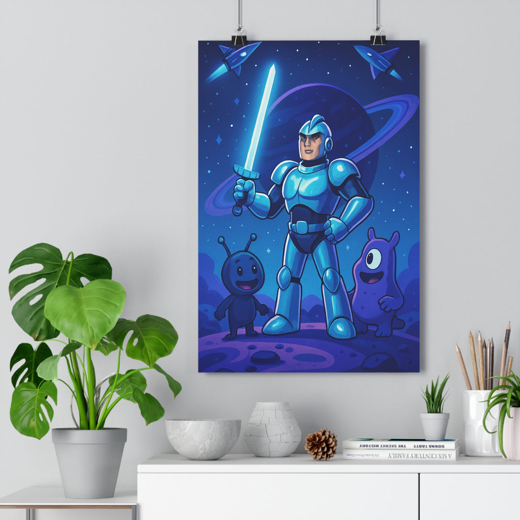 Poster décoratif cartoon bleu violet épique sciencefiction aventure chambre enfant cosmos créatures guerrier qualité