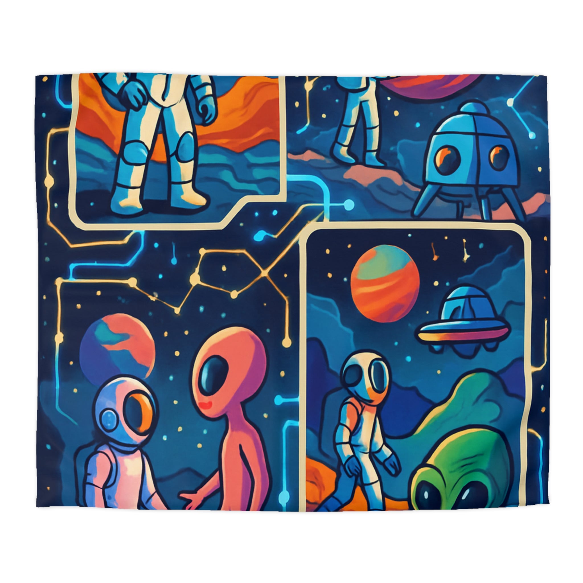 Housse de couette spatiale colorée avec extraterrestres et planètes dans l'espace cosmique