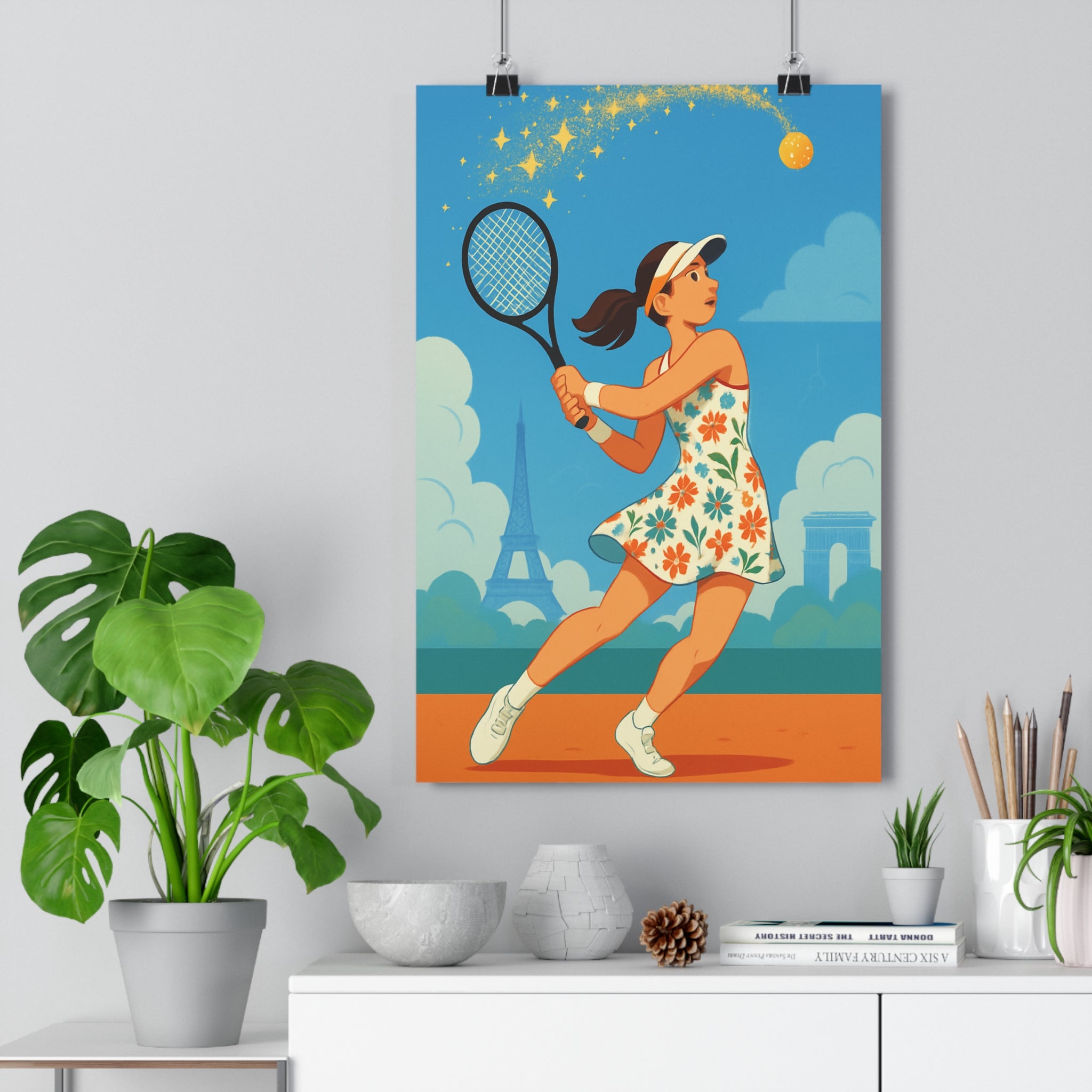 Poster décoratif cartoon vivant joyeux coloré tennis fille Paris chambre salon qualité supérieur qualité