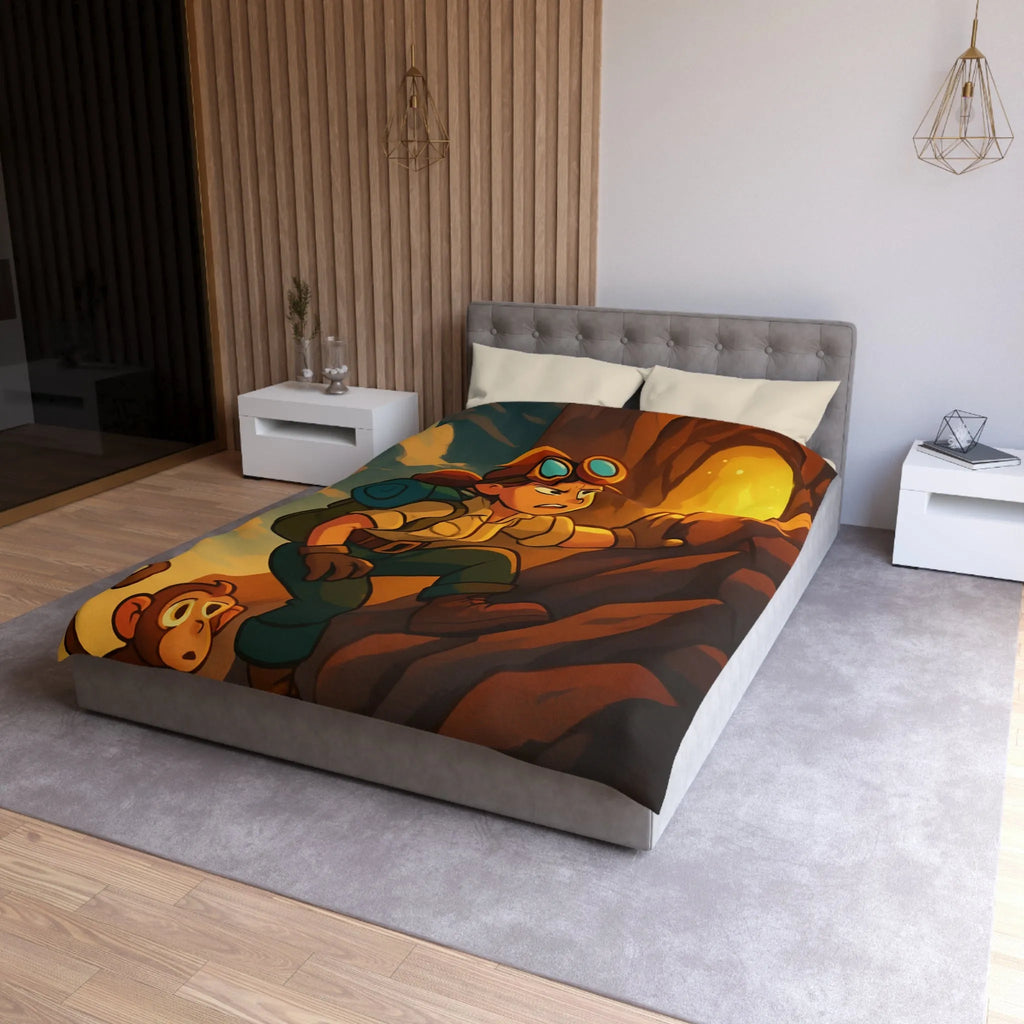 Housse de couette aventure colorée avec jeune explorateur et singe devant grotte lumineuse