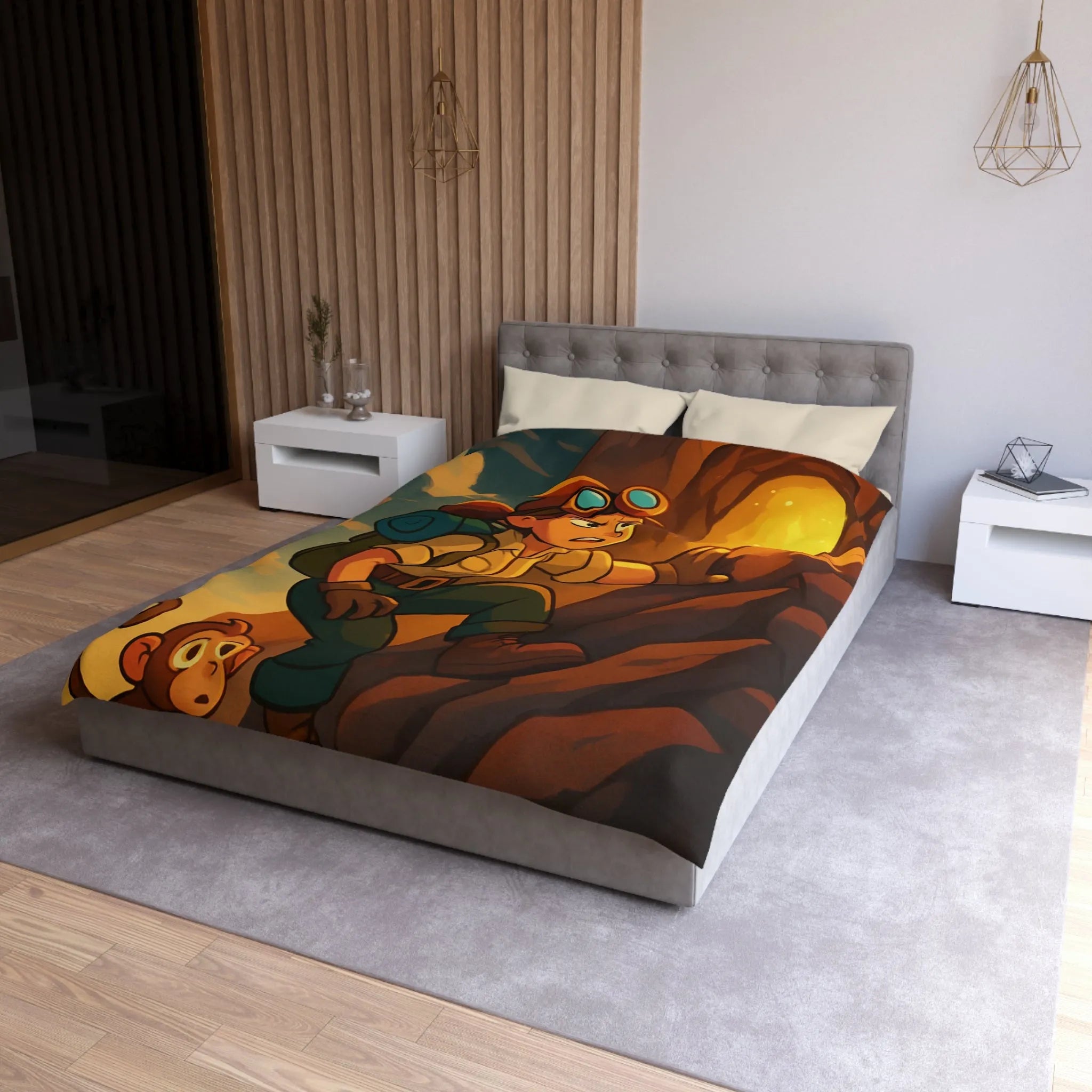 Housse de couette aventure colorée avec jeune explorateur et singe devant grotte lumineuse