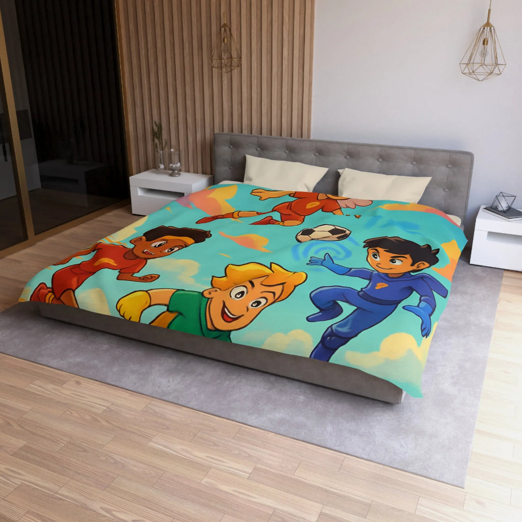 Housse de couette colorée avec enfants jouant au football dans un style cartoon céleste