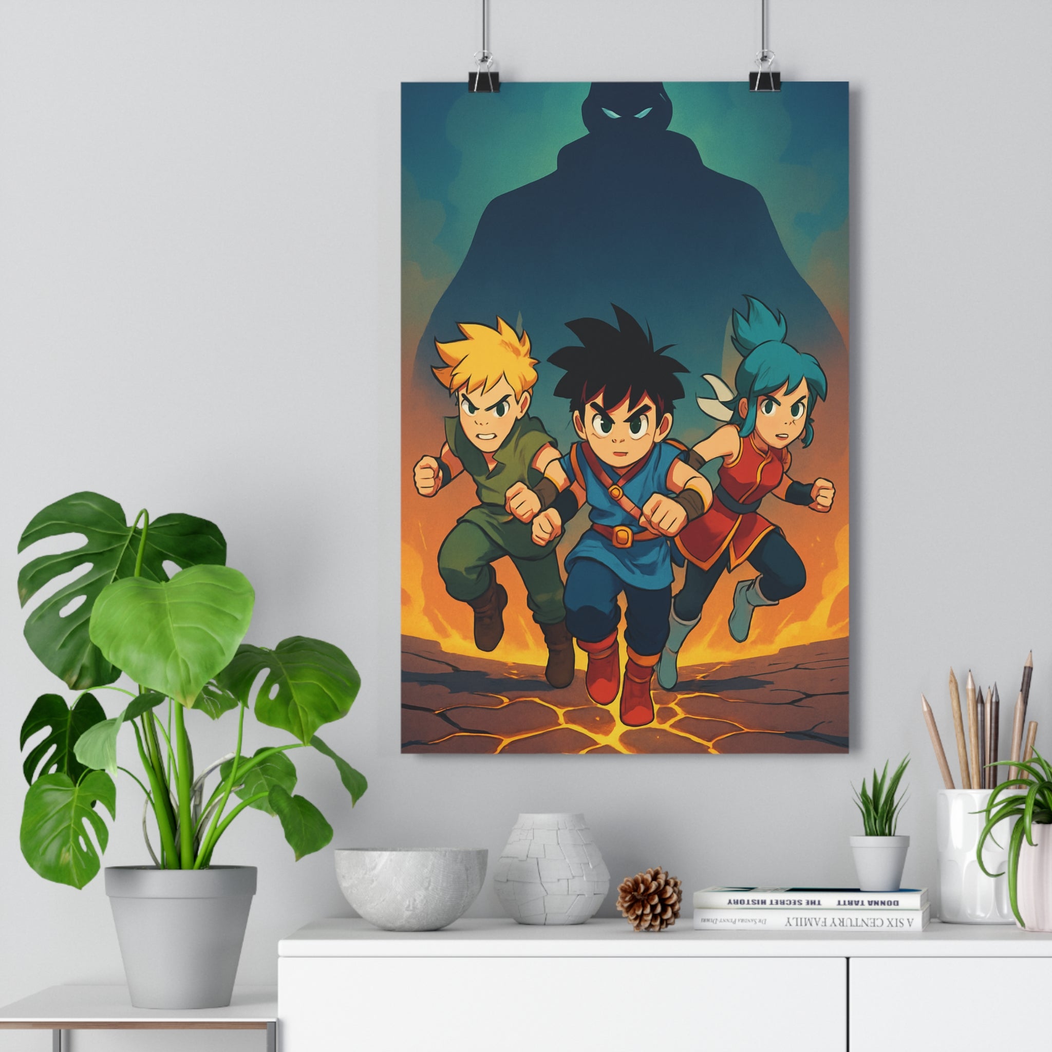 Poster décoratif animé guerriers mystique bleu rouge jaune salon chambre mur aventure héroïque vibrant