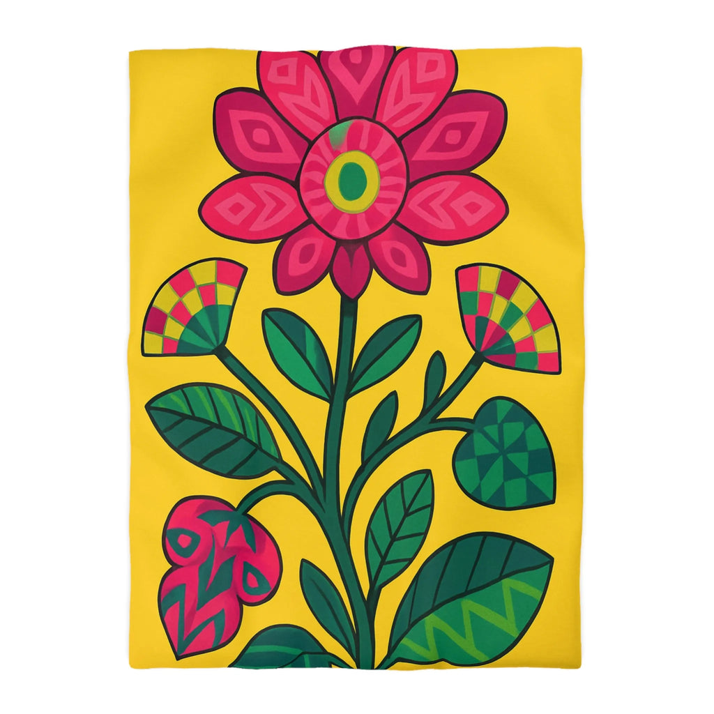 Housse de couette florale vibrante avec grandes fleurs rouges et feuilles vertes sur fond jaune