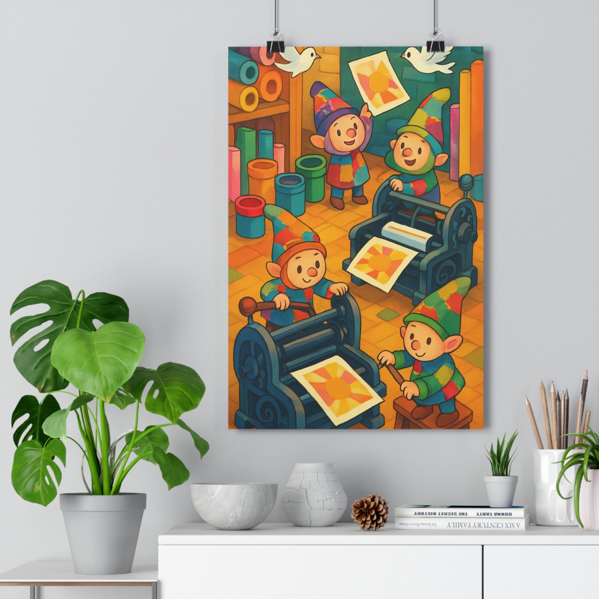 Poster décoratif cartoon lutins colorés pastel joyeux enchanté chambre enfant magie unique original qualité