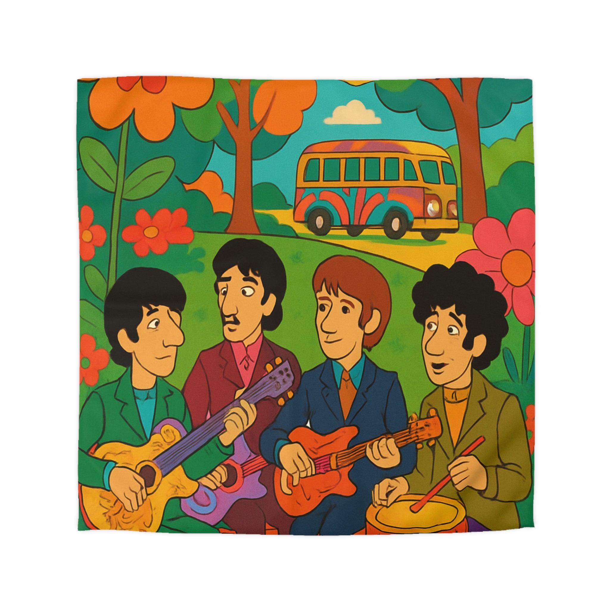 Housse de couette rétro colorée inspirée d'un groupe de musiciens animés en plein air