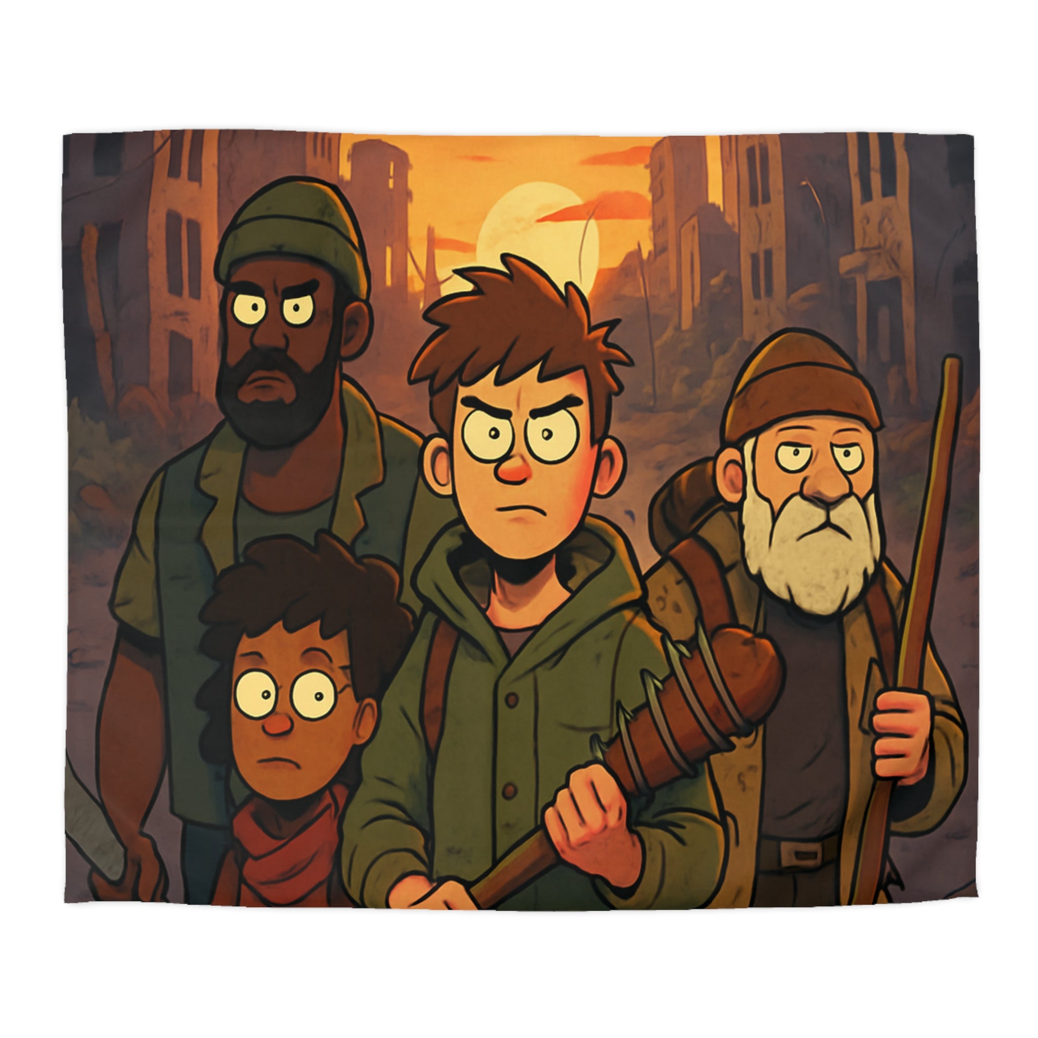 Parure de lit aventure urbaine avec ciel crépusculaire et bâtiments en ruines