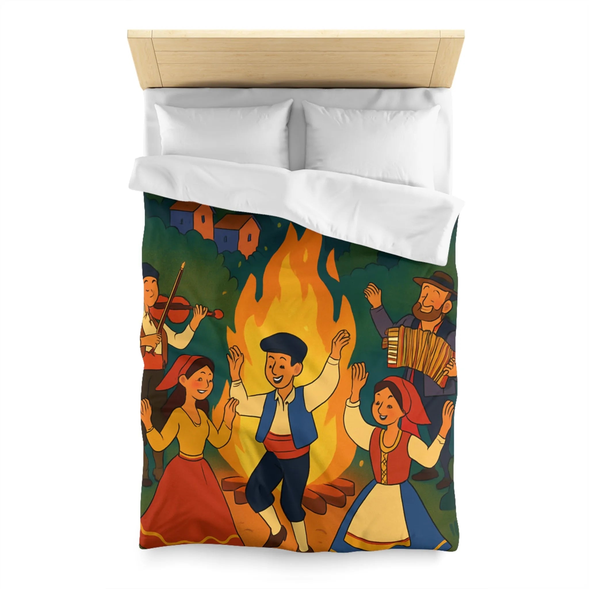 Housse de couette colorée danse folklorique autour du feu avec musiciens traditionnels