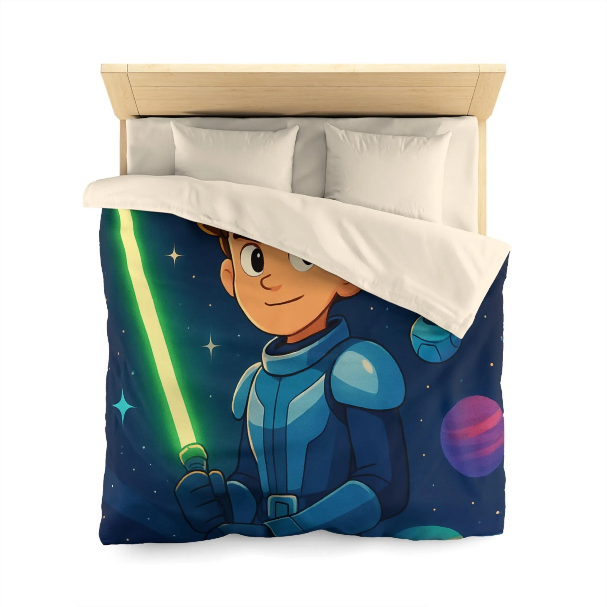 Housse de couette galactique avec enfant et robot, étoiles scintillantes et planètes colorées
