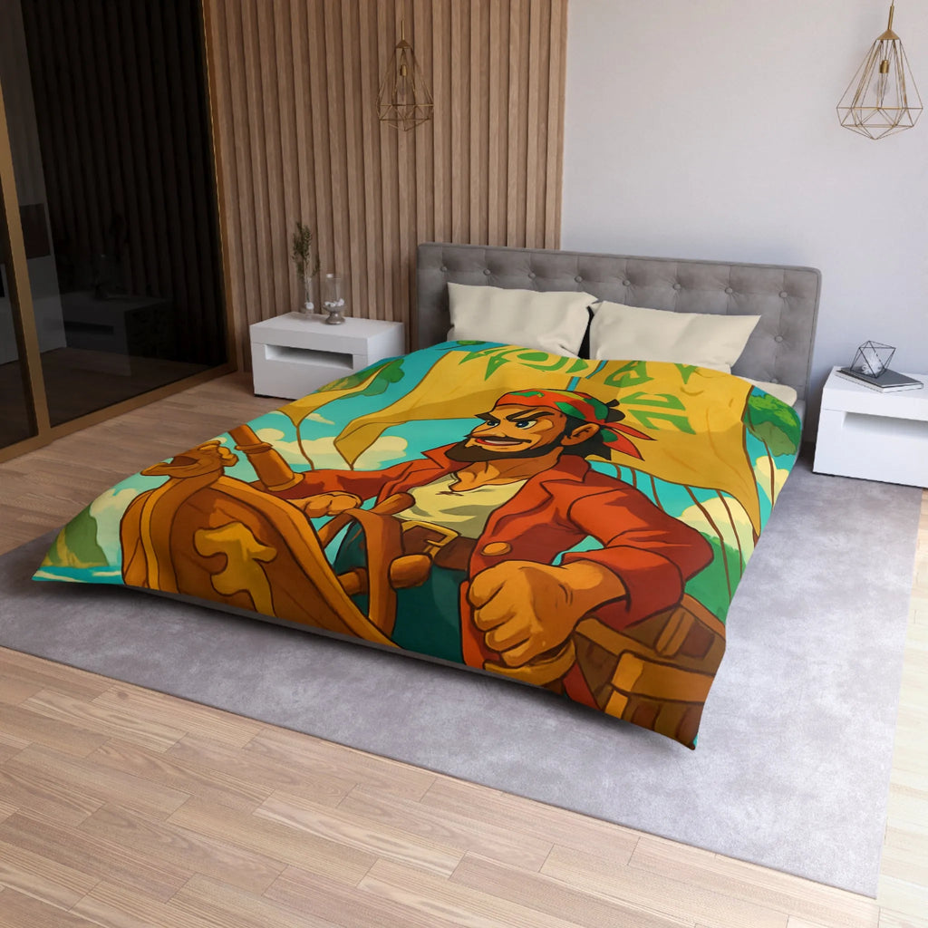 Housse de couette colorée avec pirate en bateau sur mer et îles flottantes