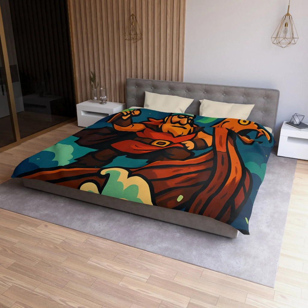 Housse de couette illustrée avec guerrier viking sur drakkar et aurores boréales