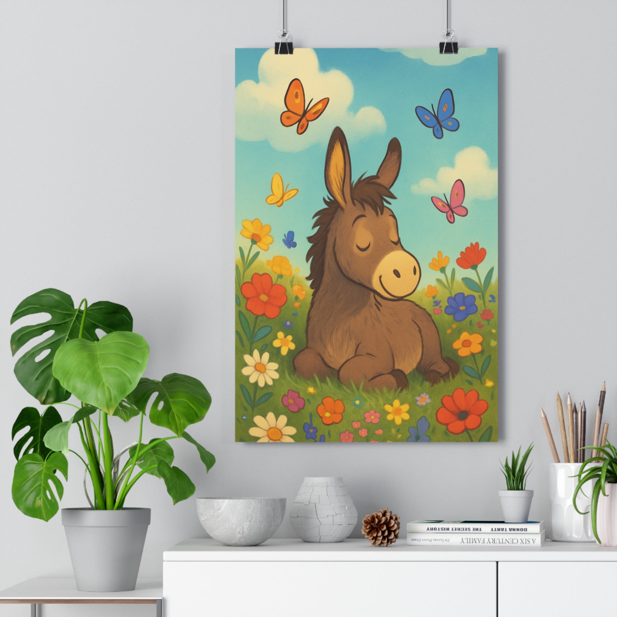 Poster décoratif âne champ fleurs pastel joyeux enfant nature bleu ciel 30x46 cm qualité