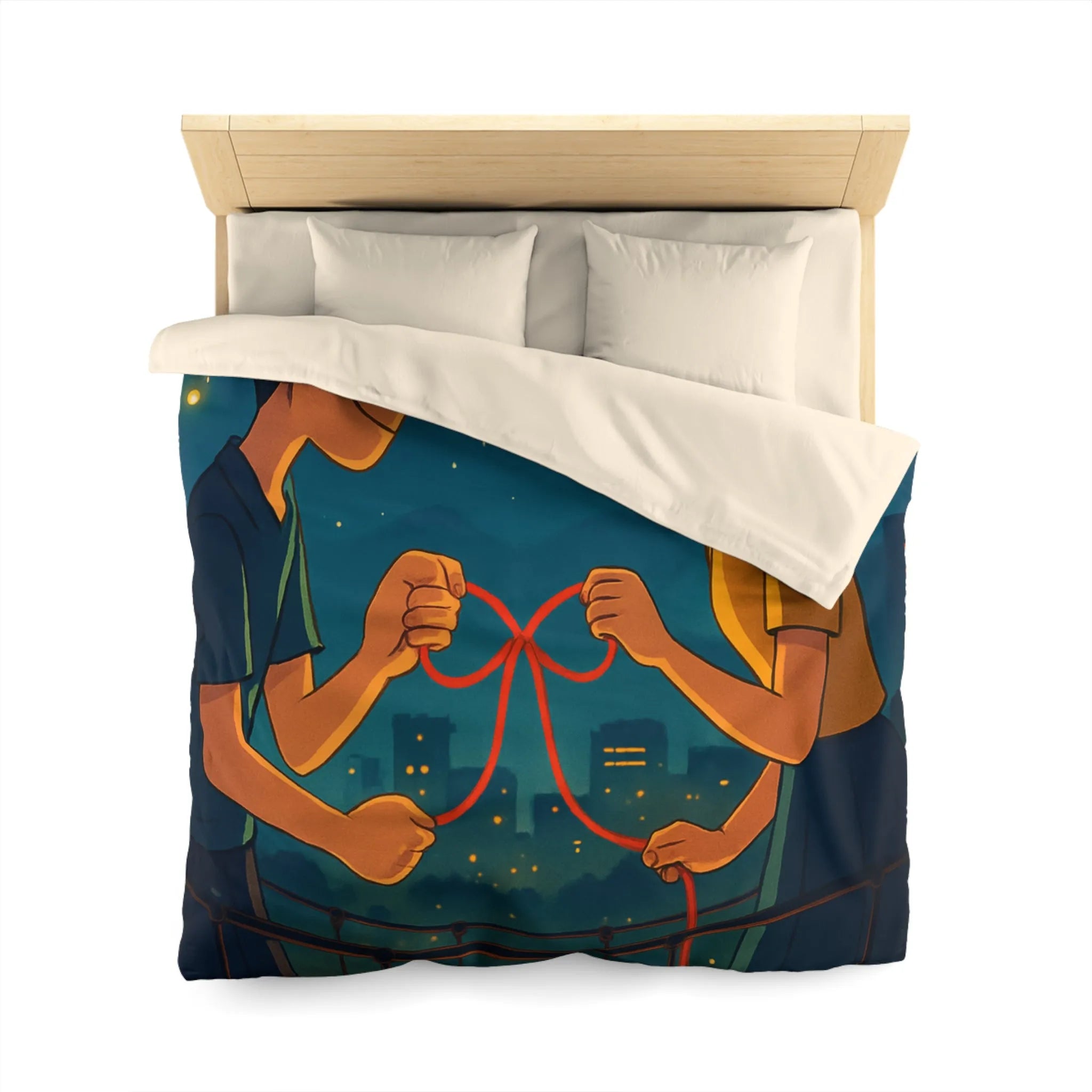 Housse de couette animée couple amoureux sur pont au-dessus d'une ville étoilée