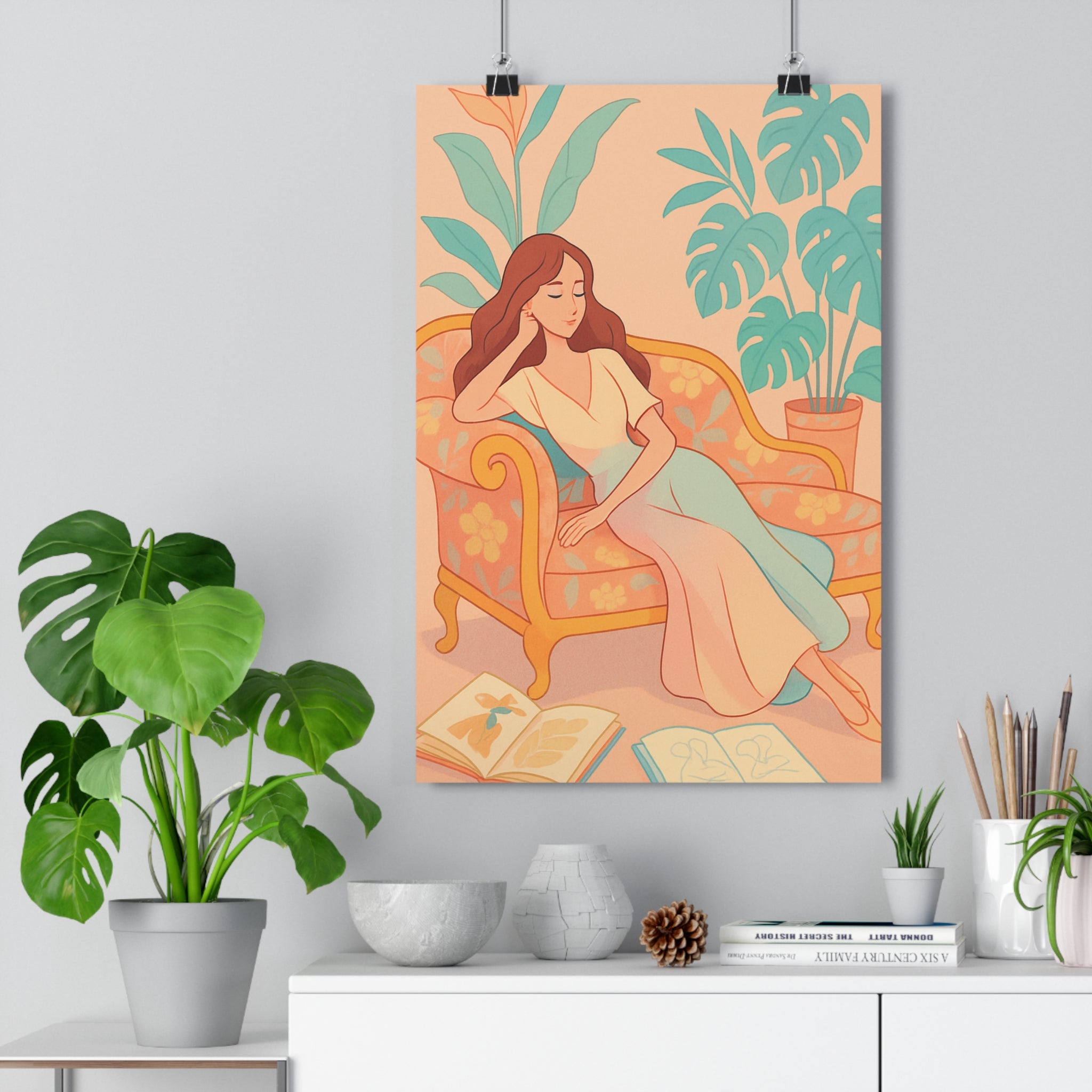 Poster décoratif anime pastel romantique femme floral salon chambre apaisant moderne élégant tendance 30x46