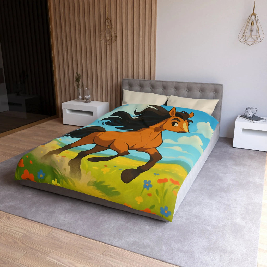 Housse de couette cheval couleur vive, prairie en fleurs, nuages, ciel bleu