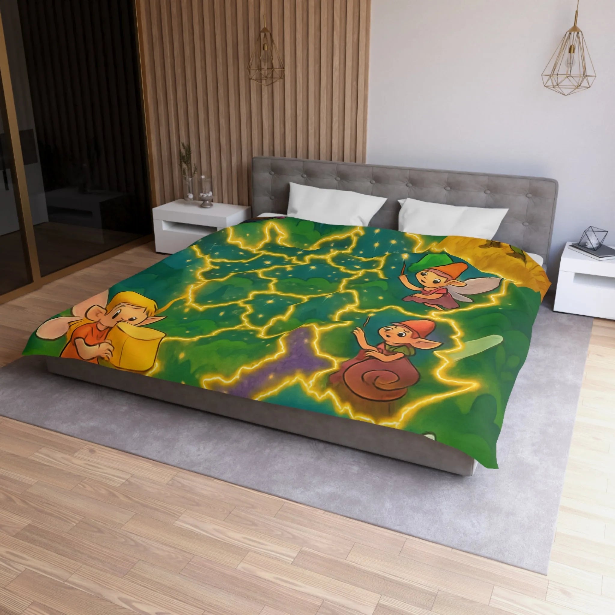 Housse de couette illustrée avec fées et lutins en carte de France enchantée