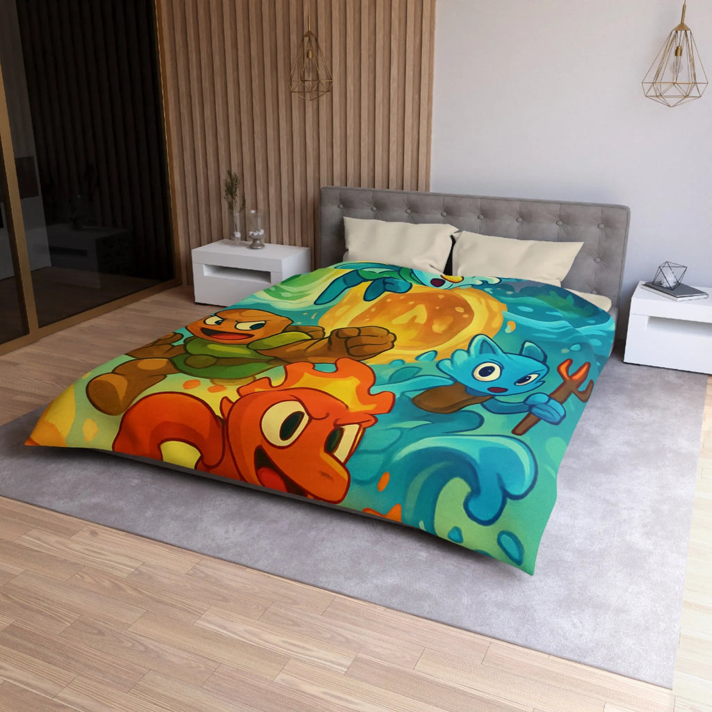 Housse de couette colorée avec motif de personnages d'éléments dans style aventure fantastique