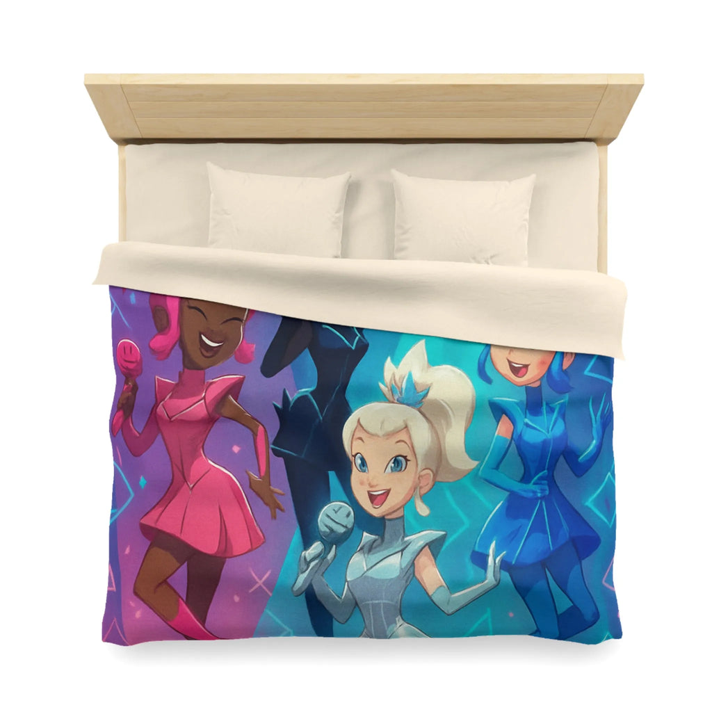 Housse de couette colorée avec personnages chantants et motifs géométriques lumineux