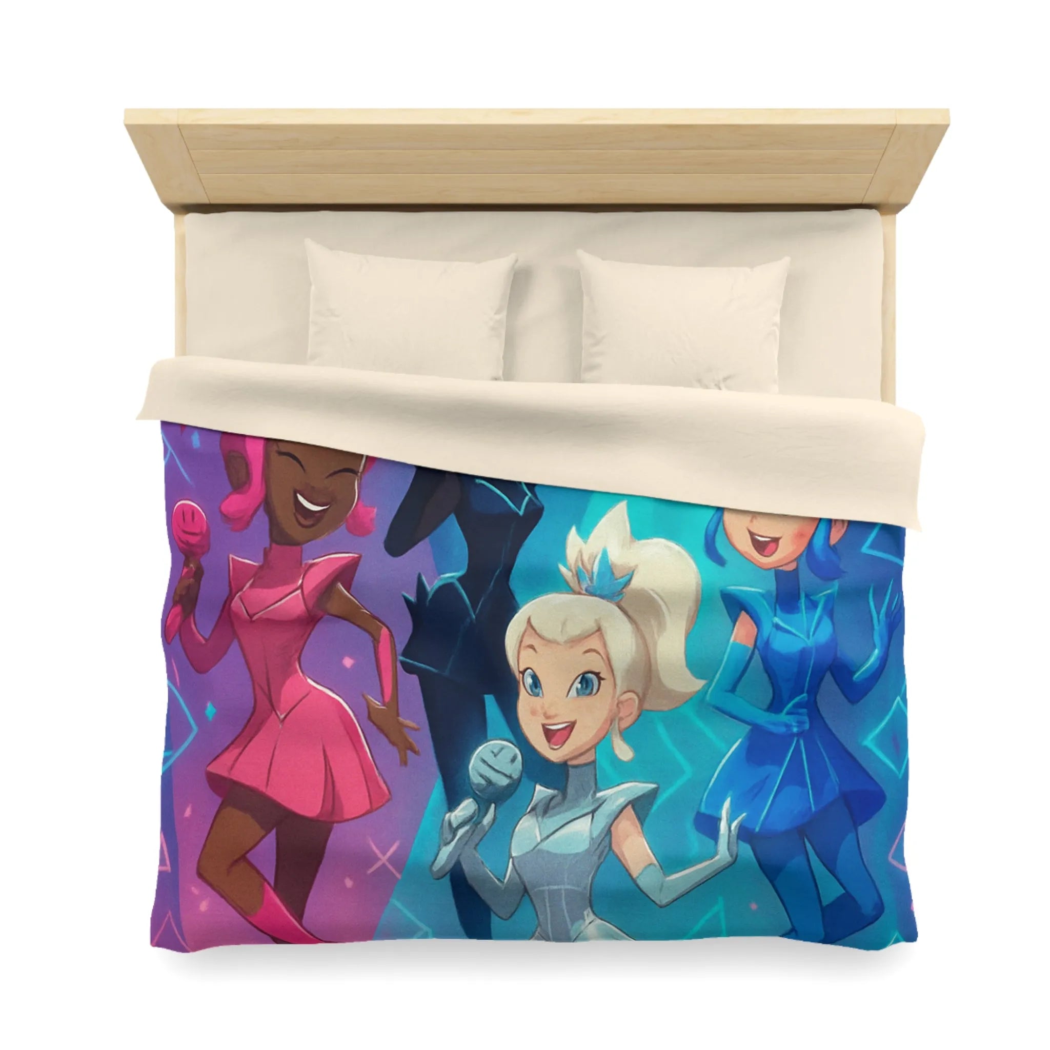 Housse de couette colorée avec personnages chantants et motifs géométriques lumineux