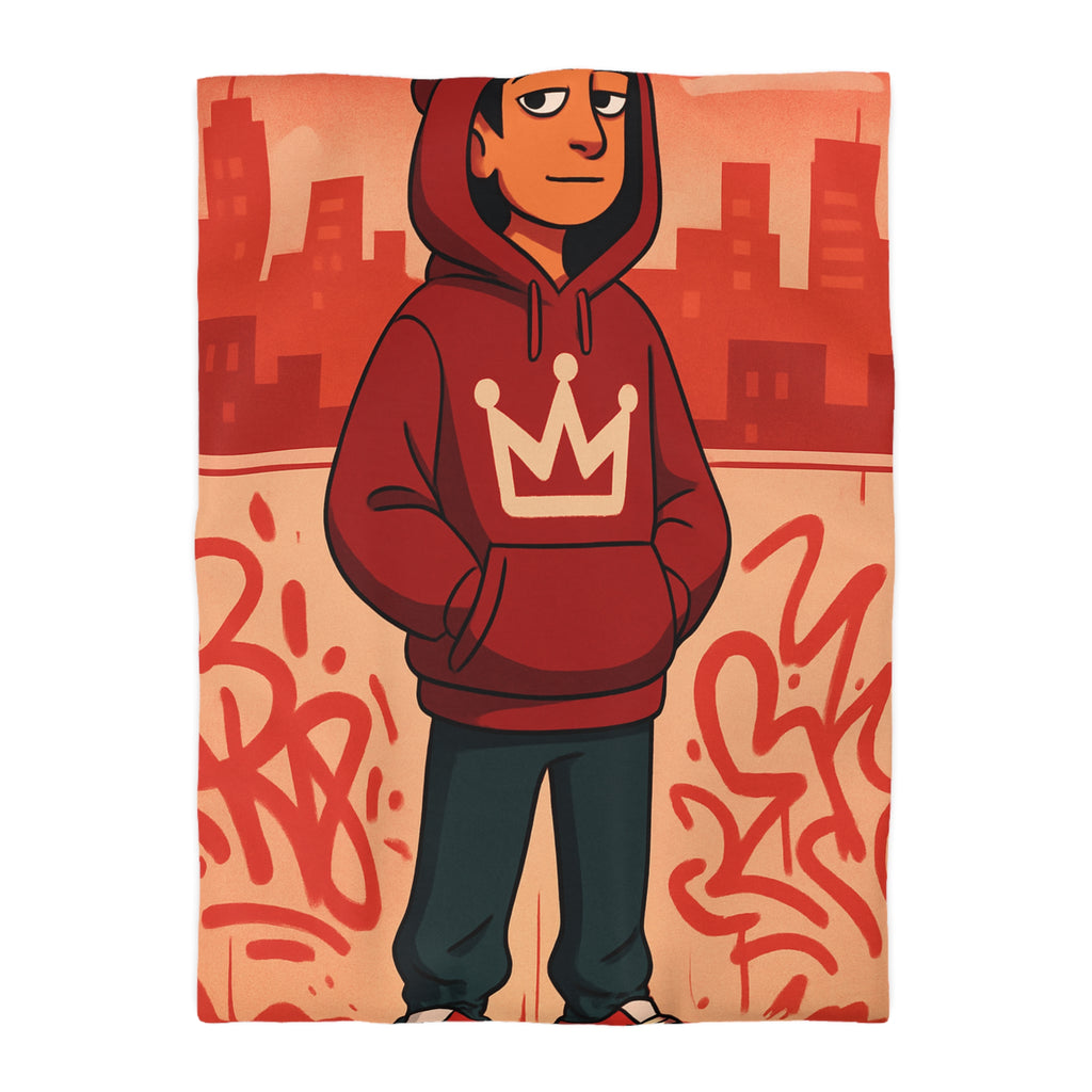 Housse de couette urbaine rouge avec motif couronne et graffiti artistique moderne