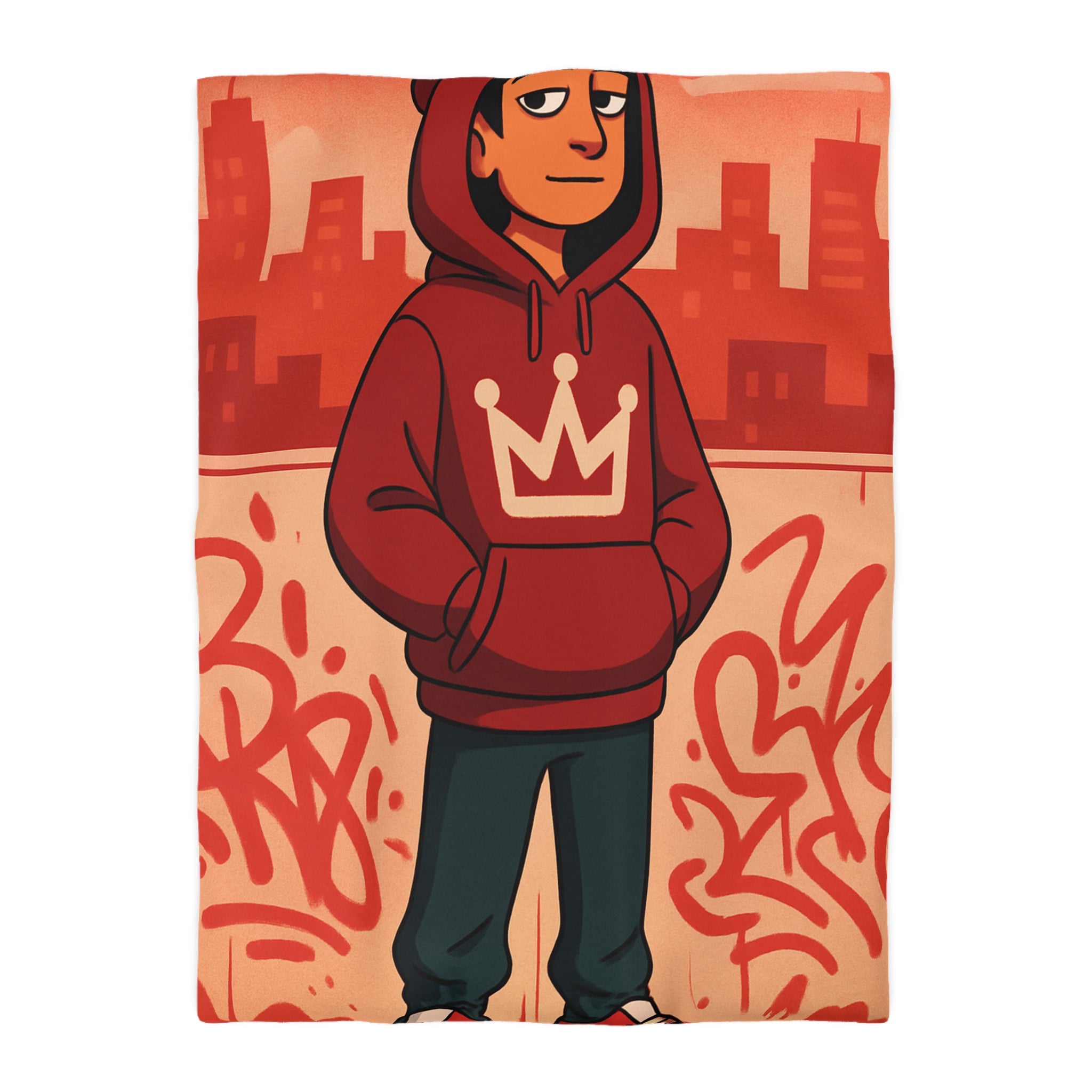 Housse de couette urbaine rouge avec motif couronne et graffiti artistique moderne