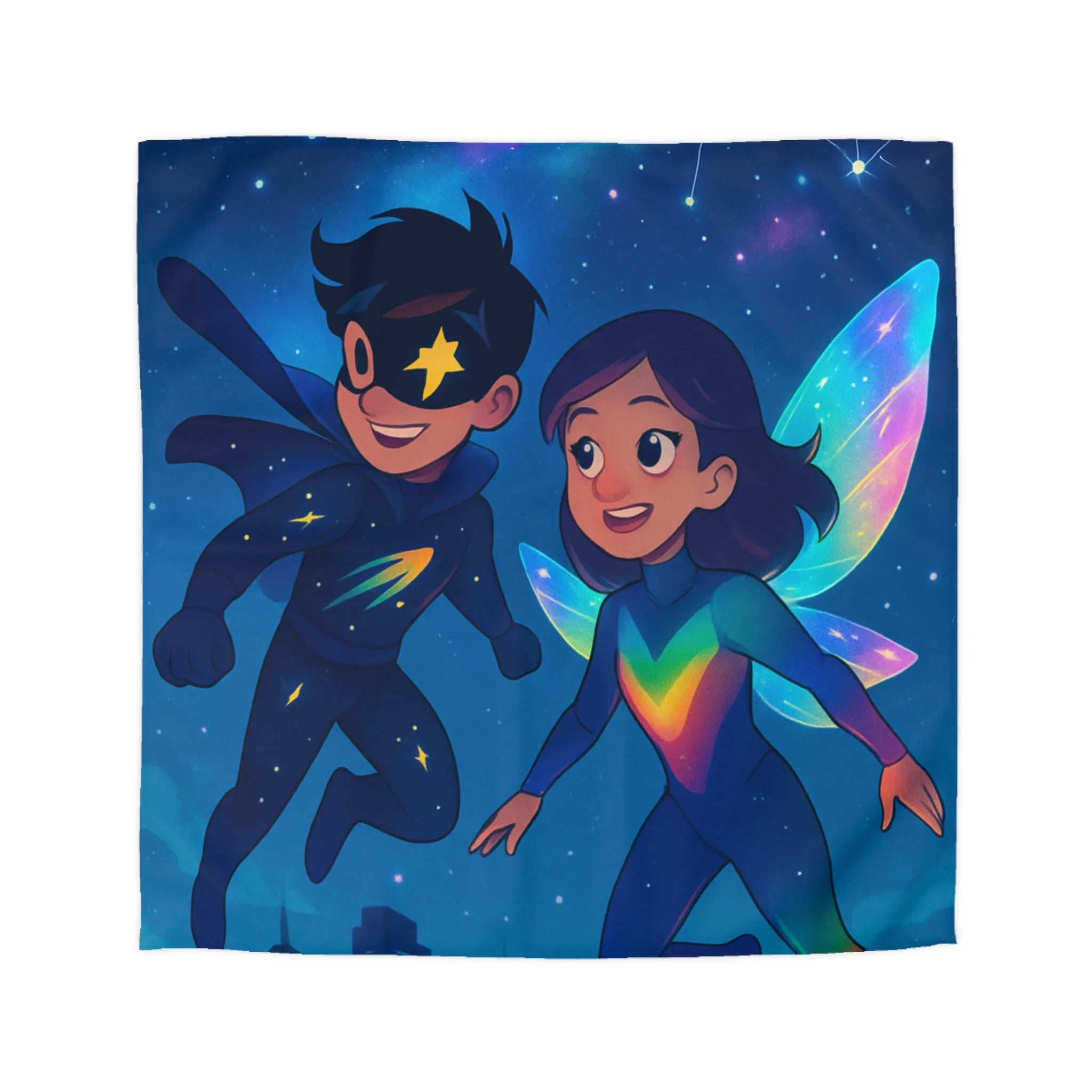 Housse de couette enfant illustrant super-héros lumineux volant au-dessus d’une ville étoilée