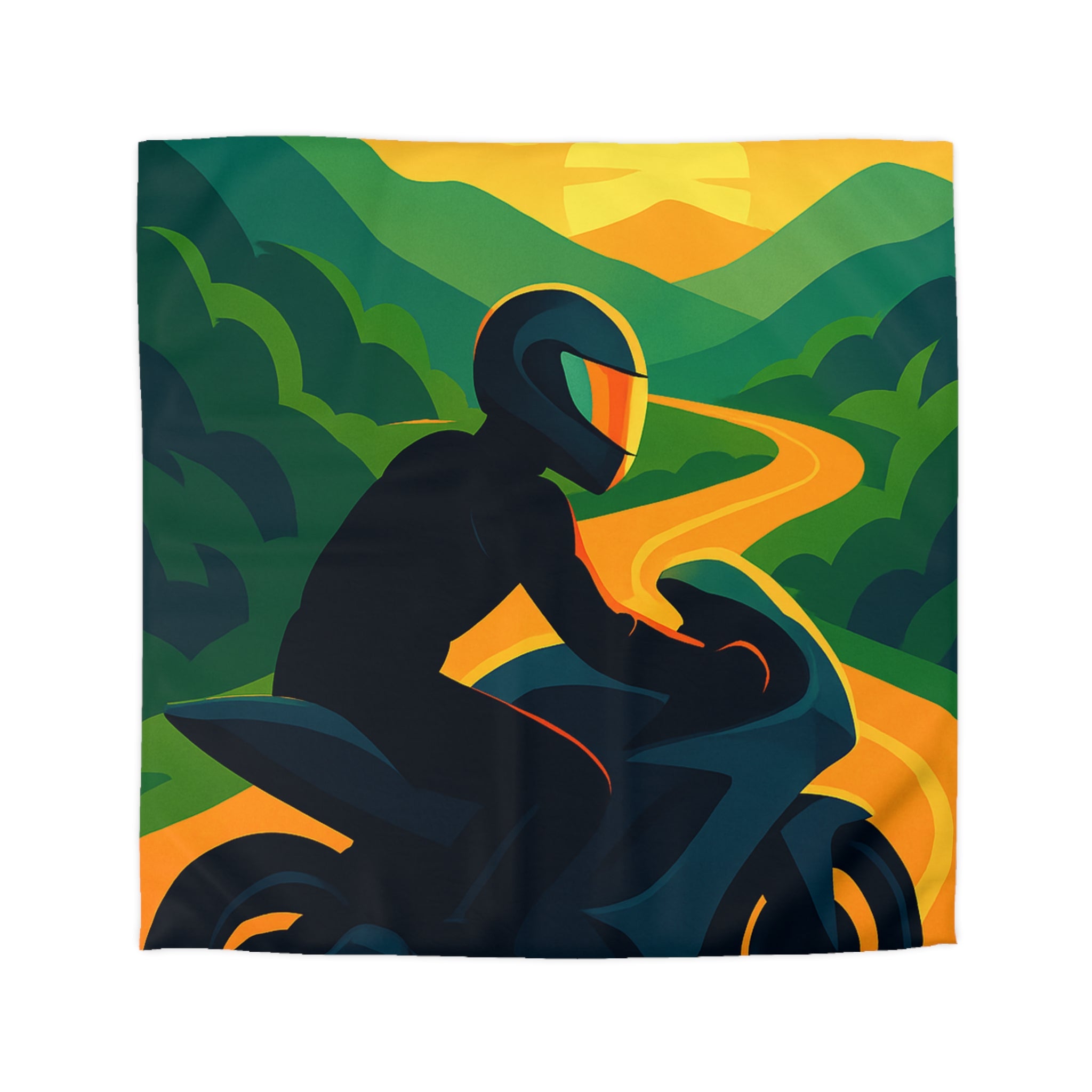 Housse de couette moto route sinueuse coucher de soleil horizon montagne vibrante