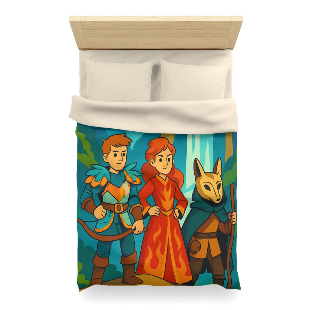 Housse de couette avec illustration aventureuse de personnages devant une cascade majestueuse