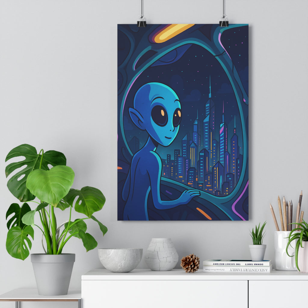 Poster décoratif extraterrestre curieux futuriste dessin animé bleu violet salon chambre bureau 30x46 qualité