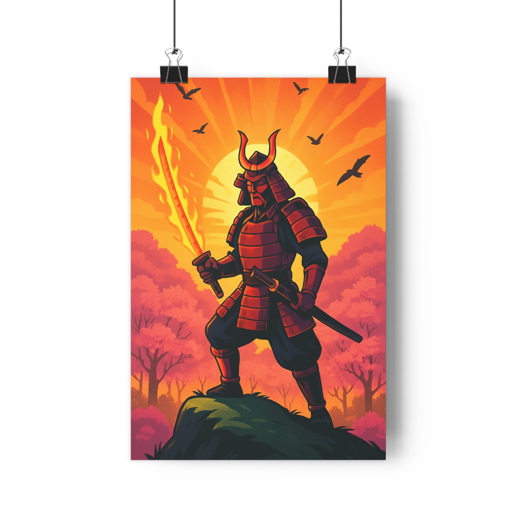 Poster décoratif samouraï rouge flamboyant paysage intense forêt vibrant salon bureau 30x46 épée ambiance