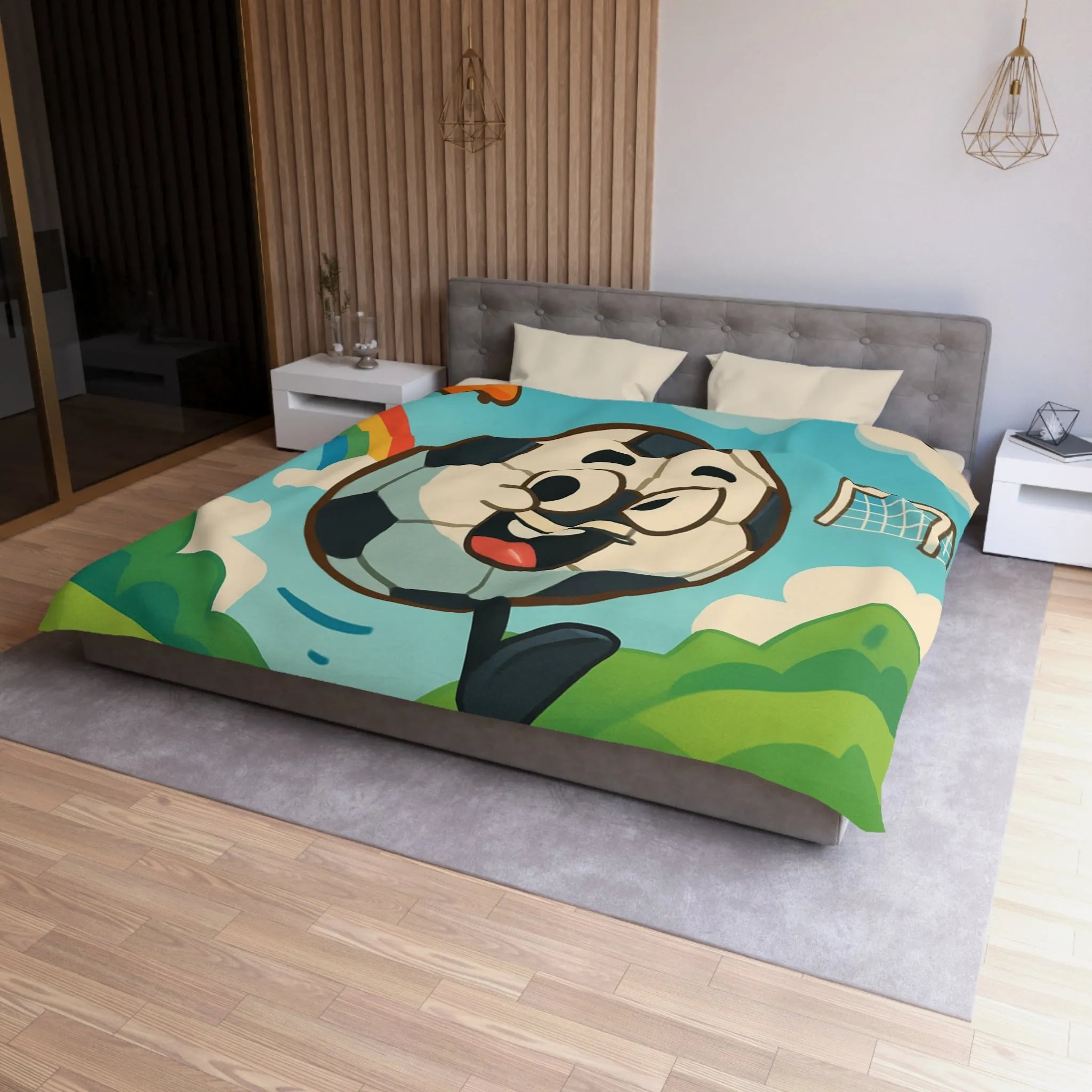 Housse de Couette Enfant Joyeuse avec Ballon de Foot et Arc-en-ciel Coloré