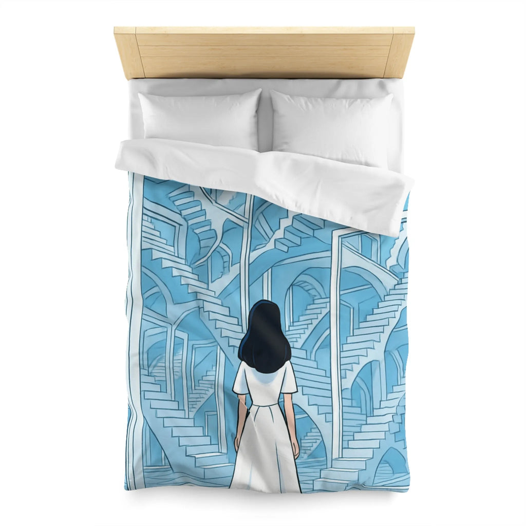 Housse de couette escalier infini en bleu avec femme en robe blanche contemporaine