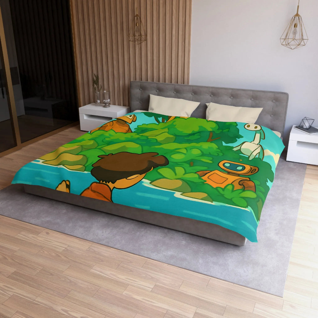 Housse de couette avec robots ludiques et enfant en bateau sur lac serein