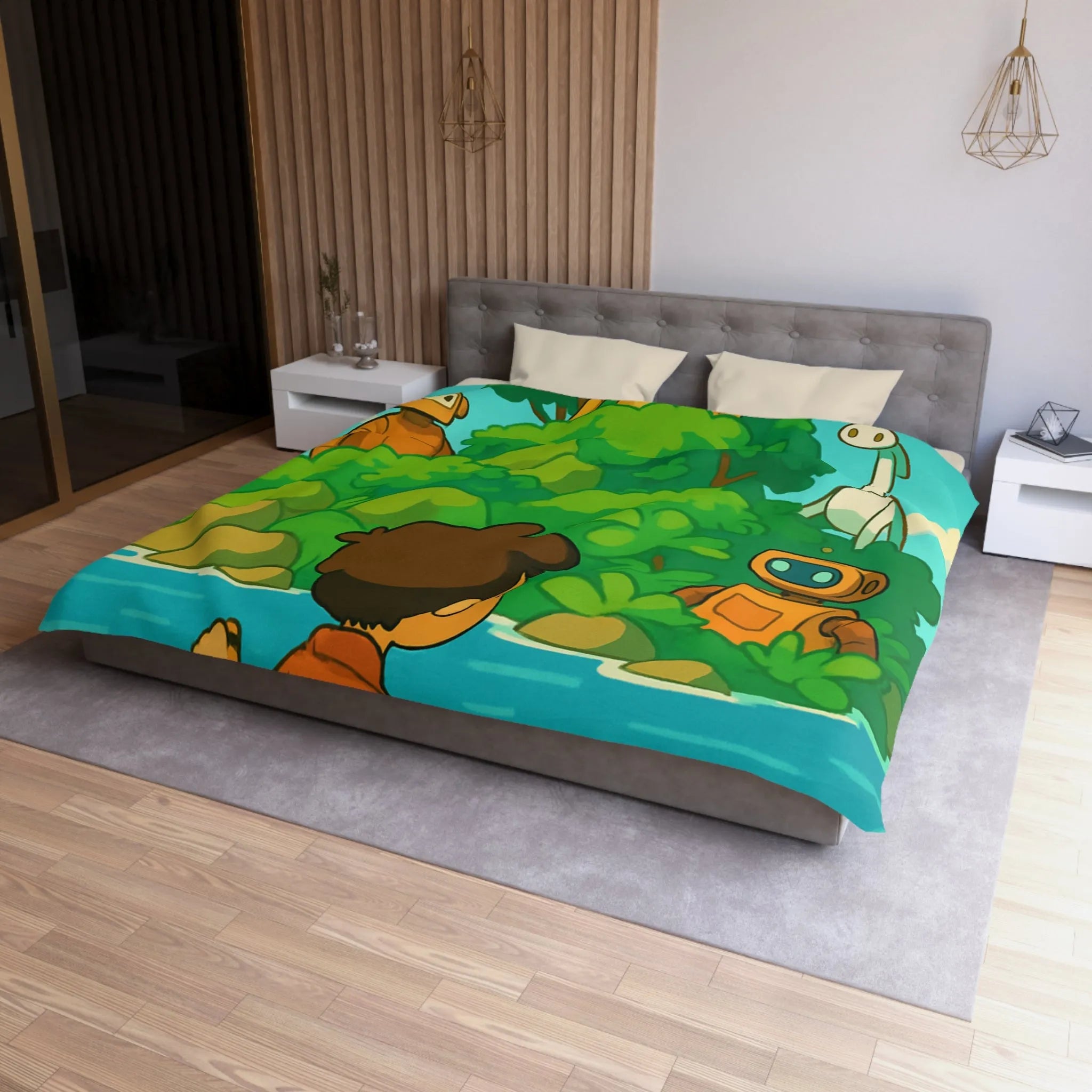 Housse de couette avec robots ludiques et enfant en bateau sur lac serein