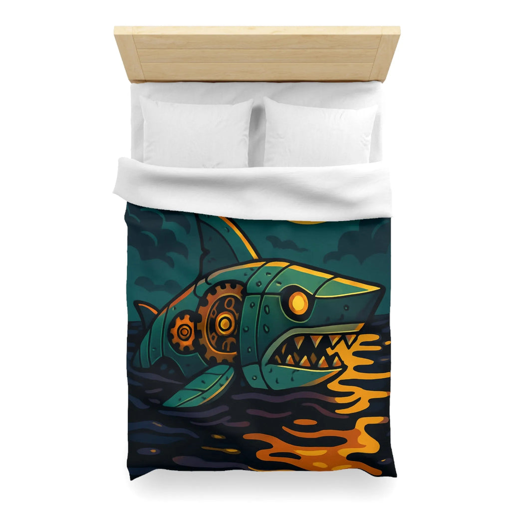 Housse de couette colorée avec requin mécanique sous lune dorée et oiseaux stylisés