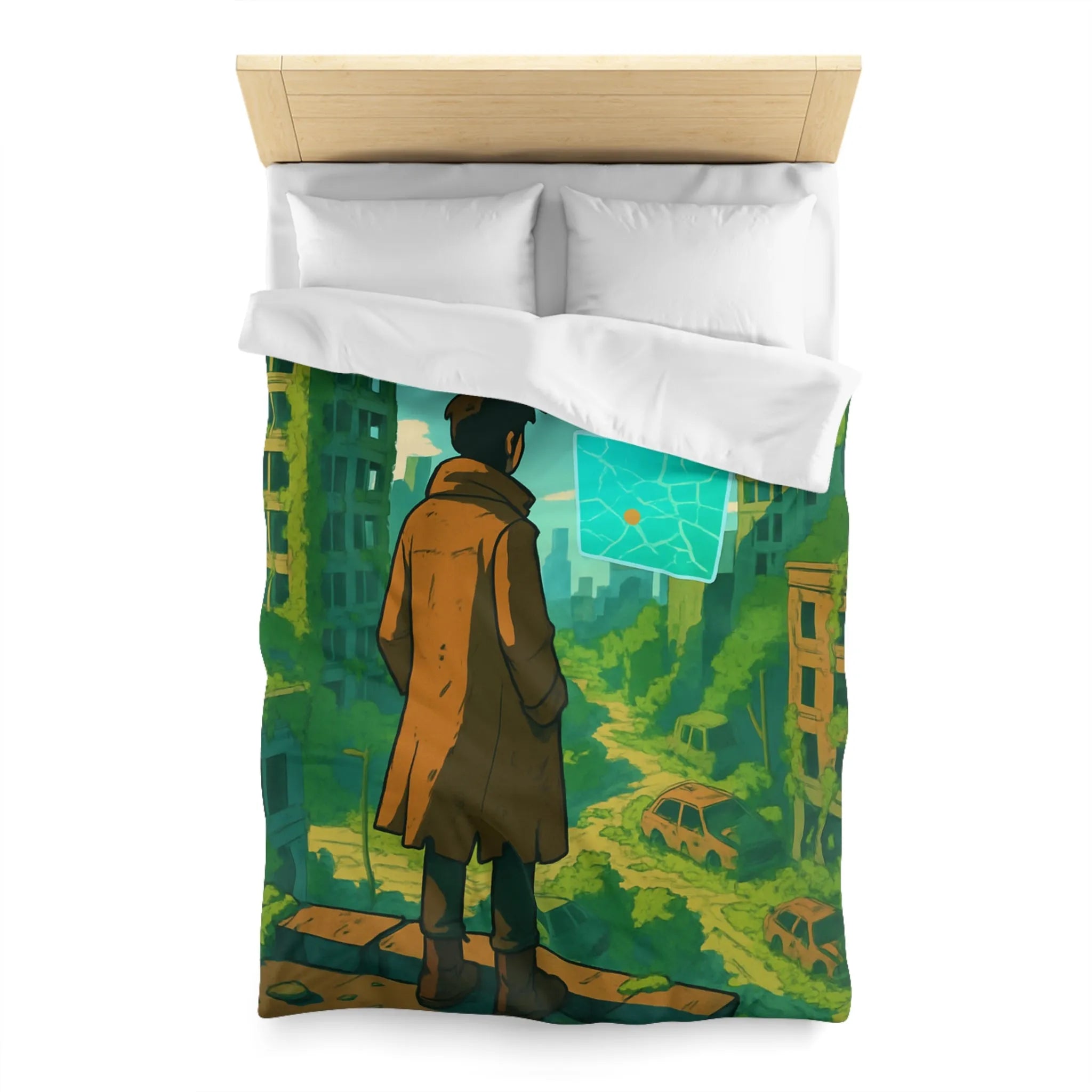 Housse de couette aventure post-apocalyptique avec drone et carte, style urbain nature