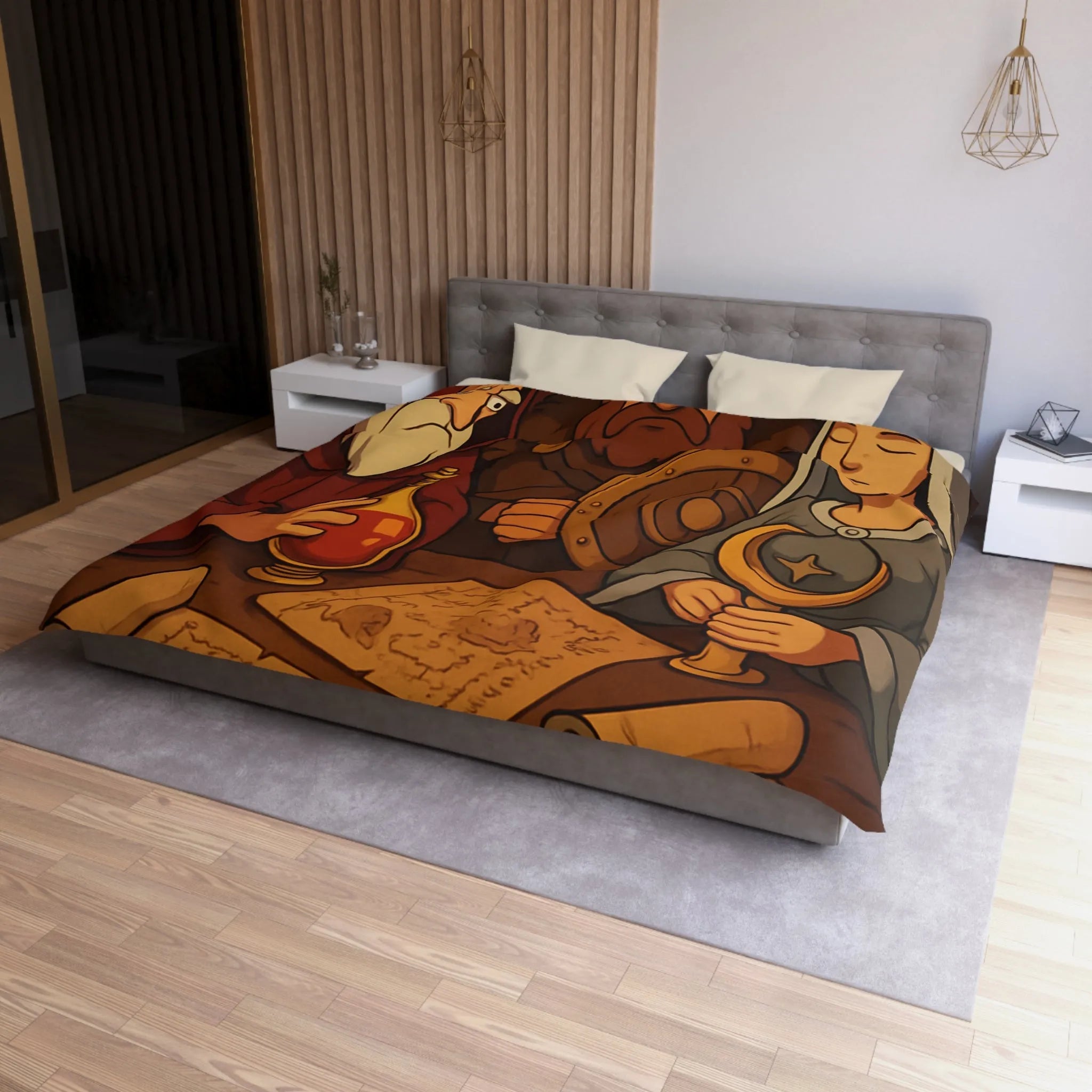 Housse de couette médiévale avec guerrier, mage et princesse tenant des artefacts anciens