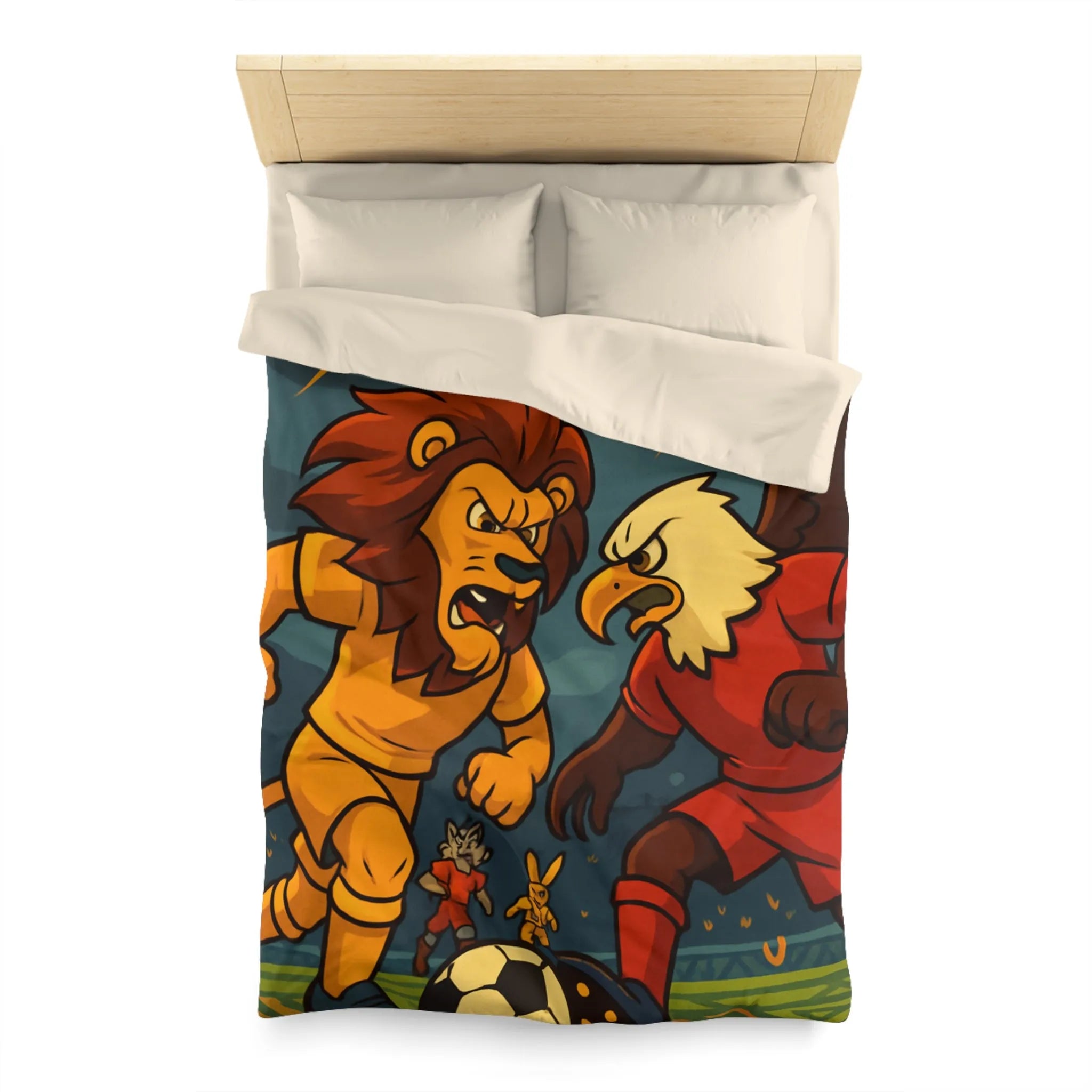 Housse de Couette Animalière avec Lion et Aigle Jouant au Football Sous Orage