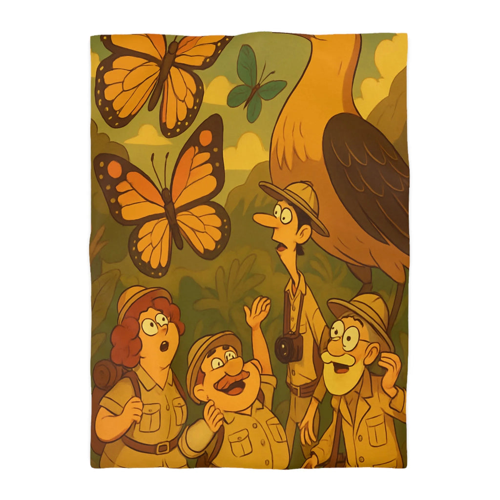 Housse de couette avec scène aventure jungle, explorateurs et faune tropicale colorée