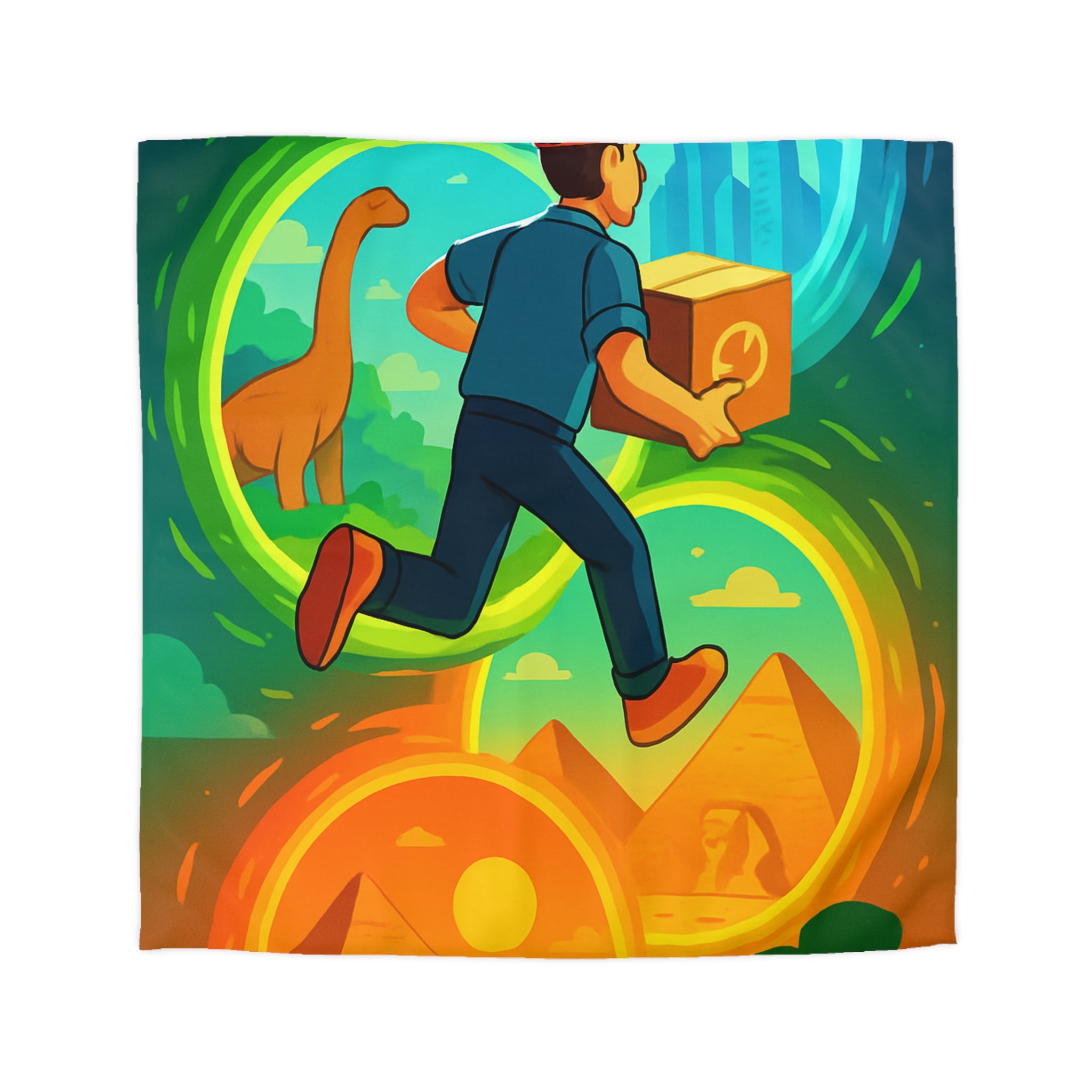 Voyage à travers les âges : Monde jurassique, pyramides, et ville moderne illustrés