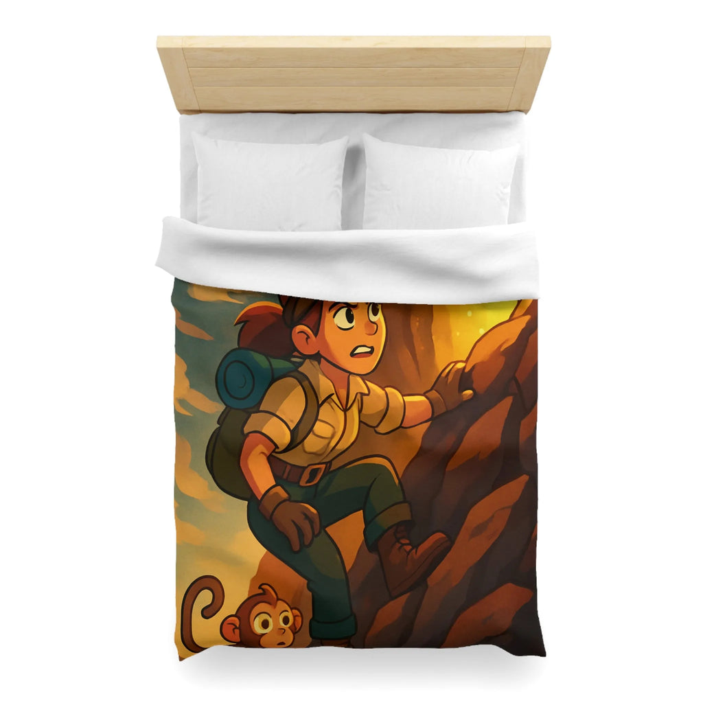 Housse de couette aventure colorée avec jeune explorateur et singe devant grotte lumineuse
