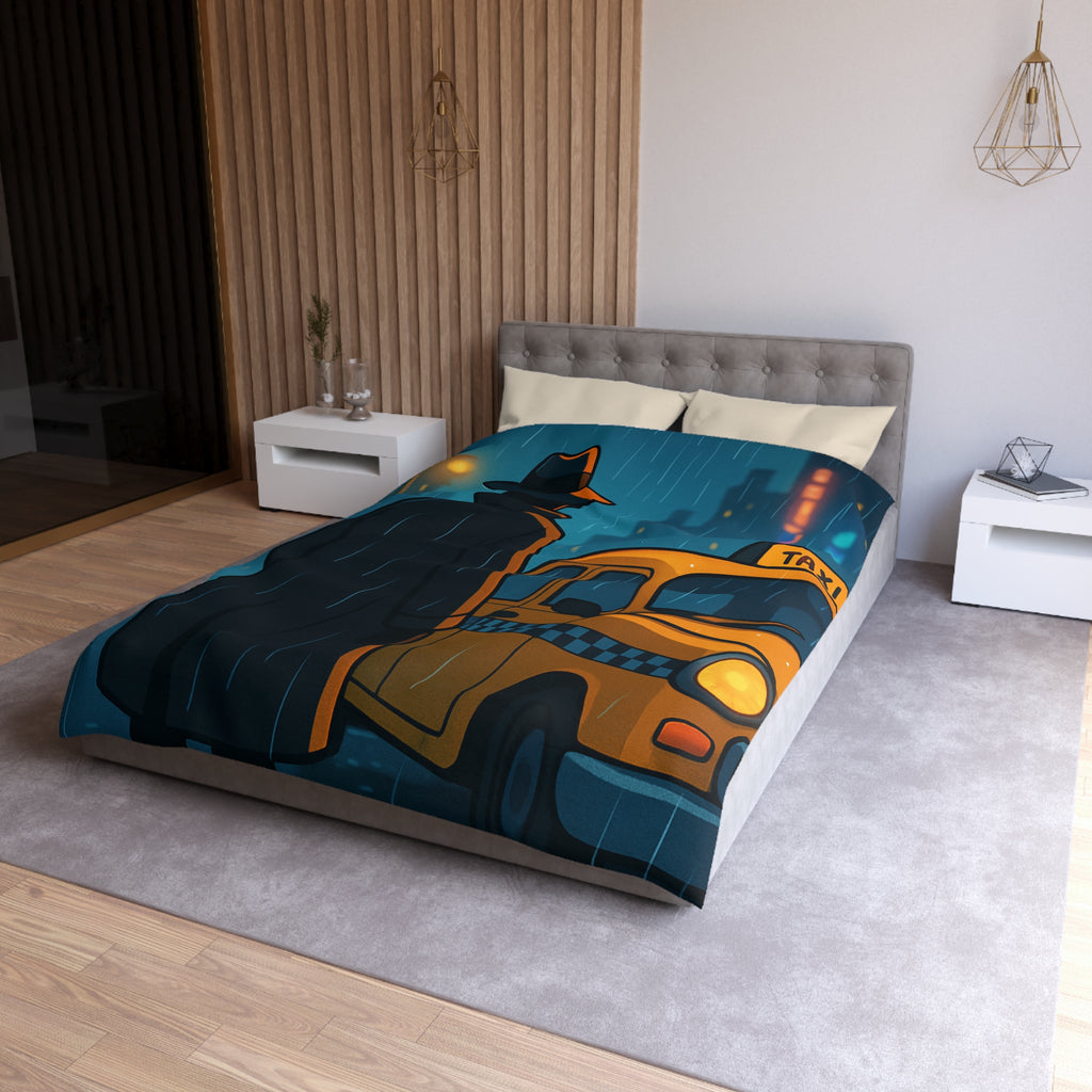 Mystérieux Homme En Imper Parapluie Noir Attendant Taxi Jaune Sous Pluie Urbaine Nocturne